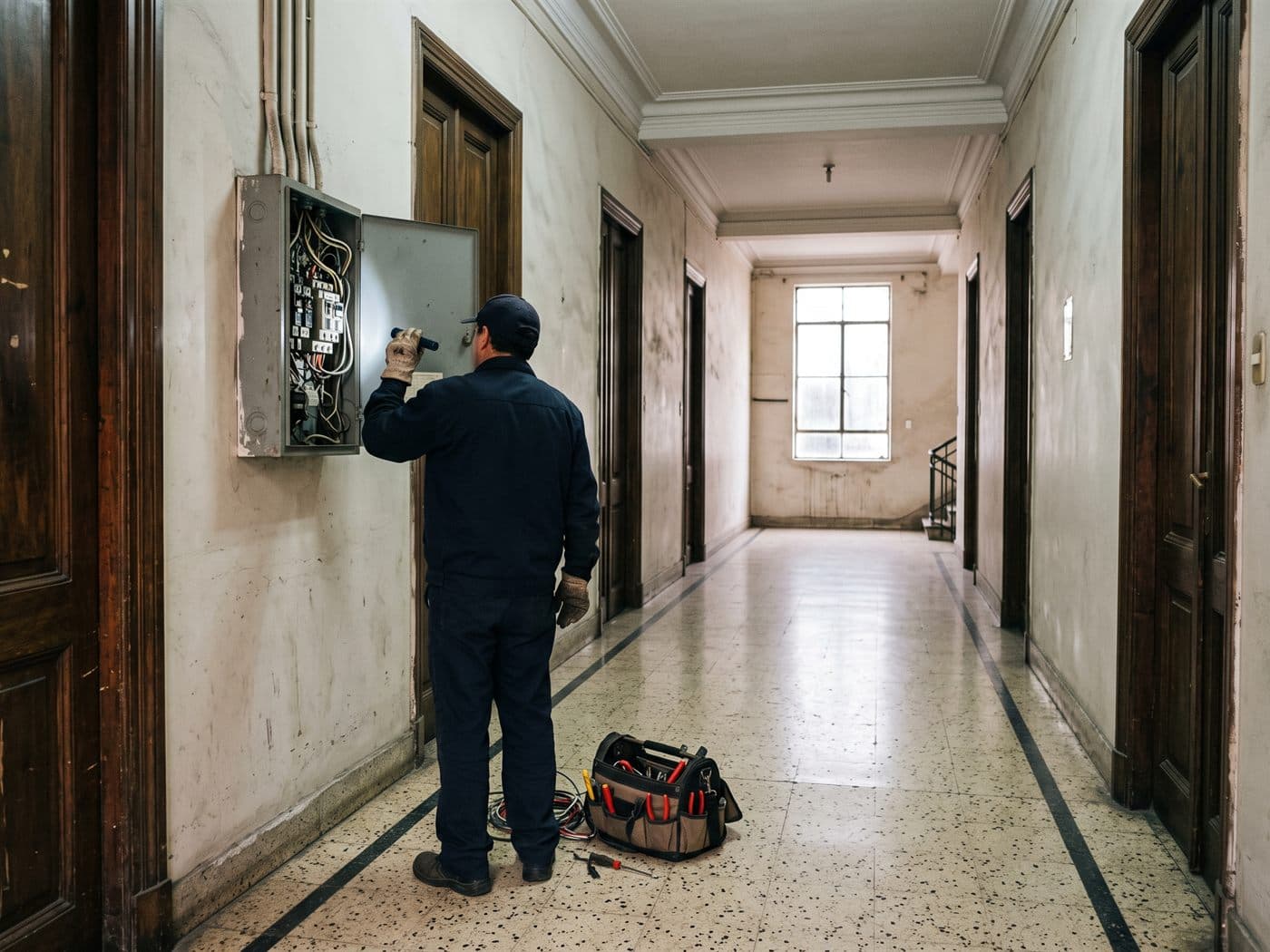 Electricista revisando con una linterna una caja eléctrica antigua en el pasillo de un edificio de los años 40 del centro de Santiago