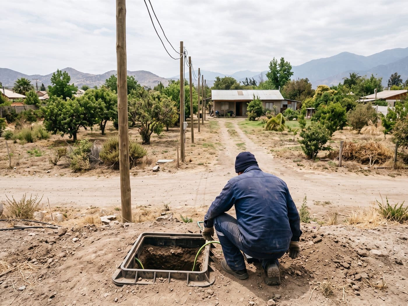 Electricista revisando la cámara de puesta a tierra en un terreno grande de San Bernardo