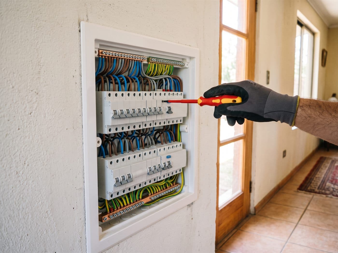 Tablero eléctrico nuevo con automáticos, diferencial y cables ordenados mientras el electricista aprieta un borne