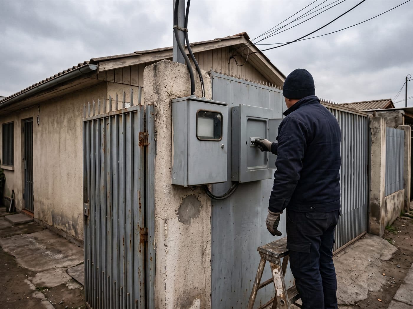 Electricista revisando la protección general junto a la caja del medidor en la fachada de una casa