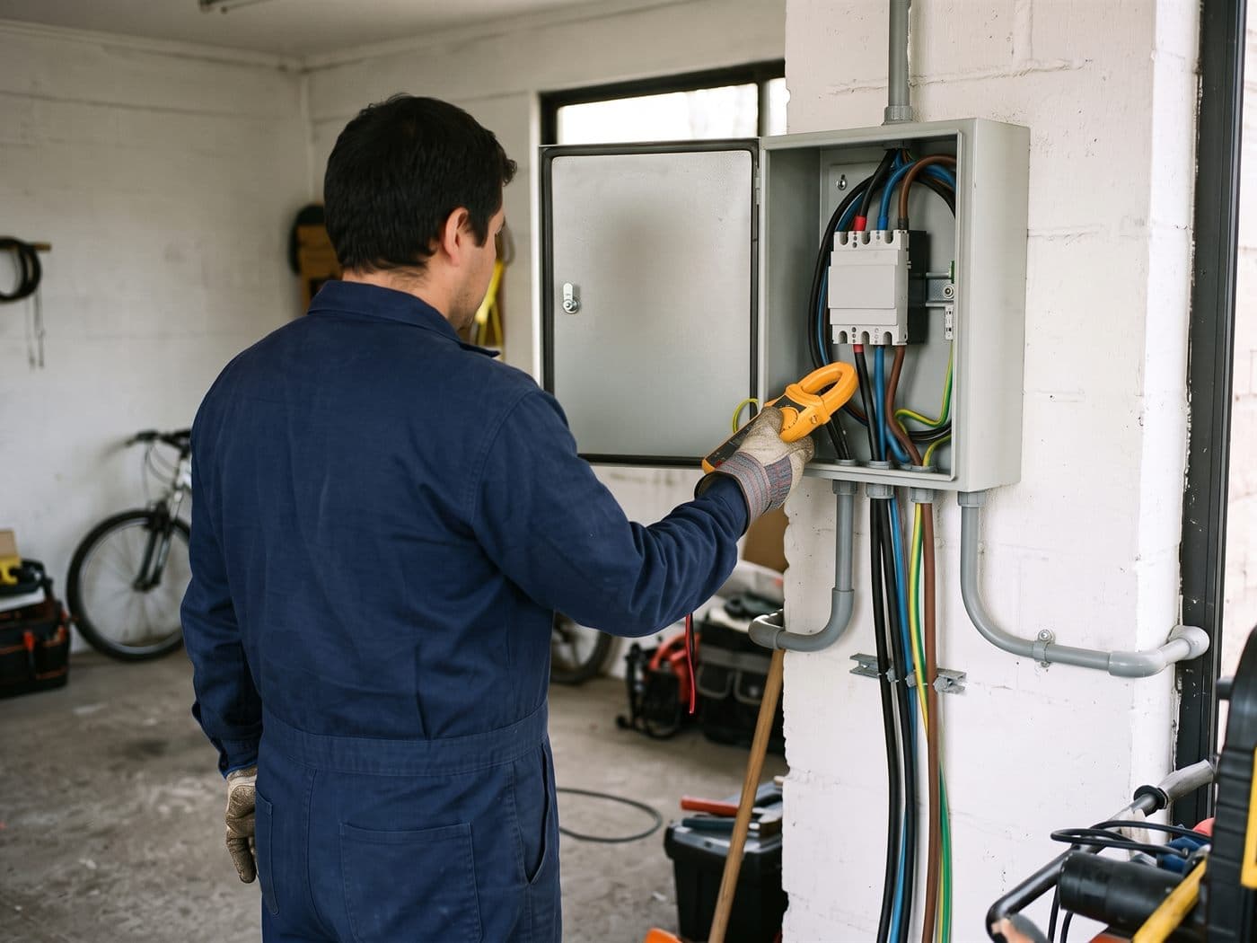 Electricista midiendo con pinza amperimétrica la protección general trifásica en el garaje de una casa