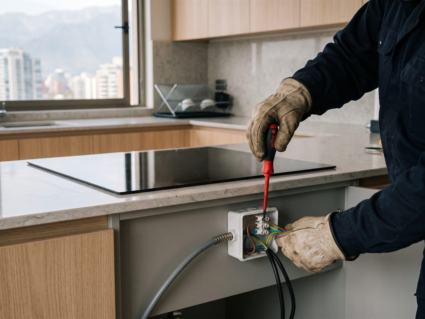 Electricista conectando el circuito exclusivo de una encimera de inducción bajo el mesón de una cocina