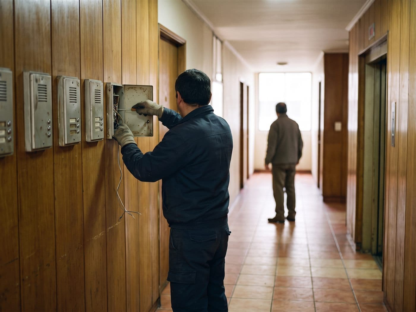 Electricista abriendo el citófono de un depto en el pasillo revestido en madera de un edificio de Providencia
