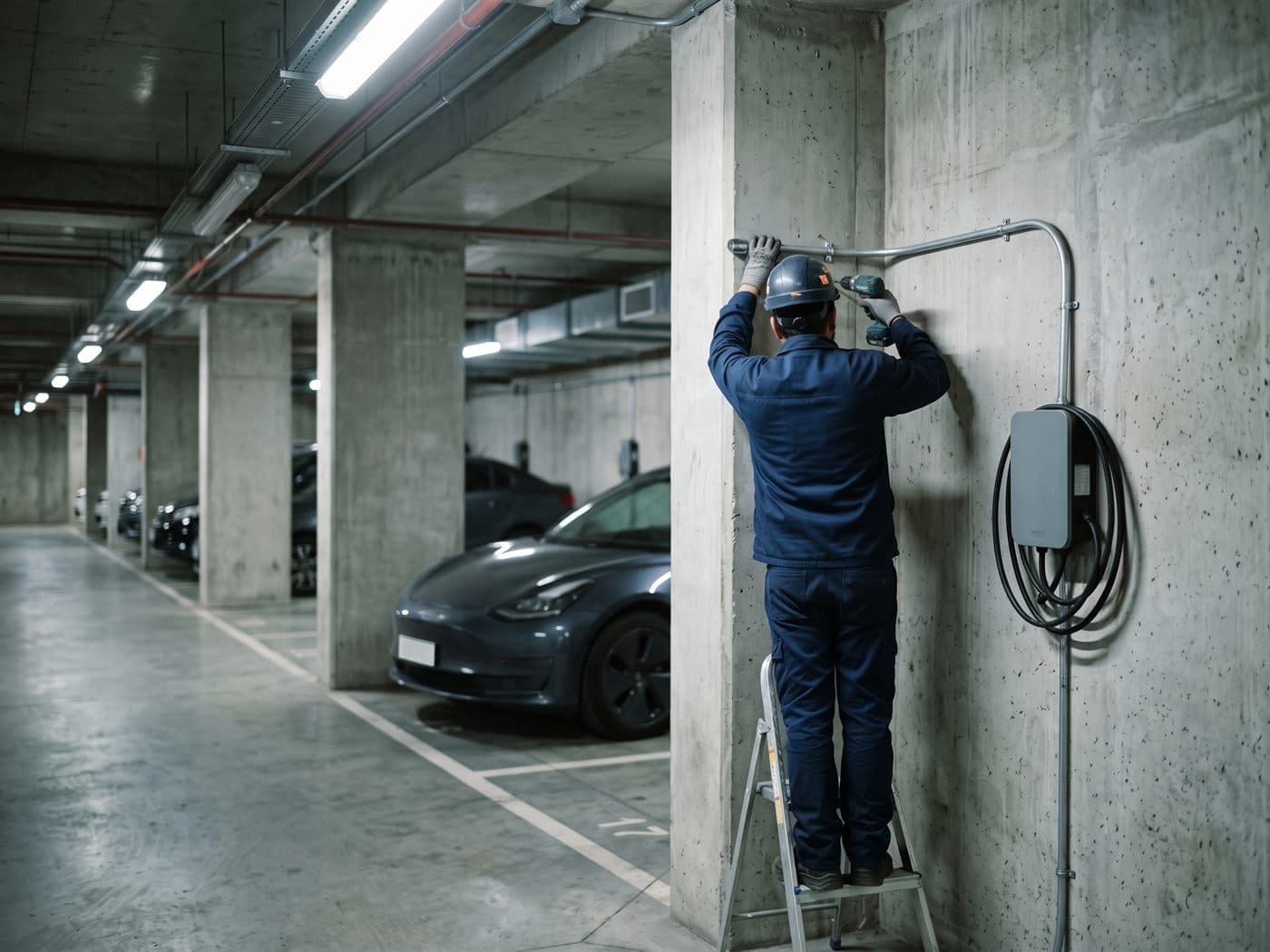 Electricista fijando la canalización de un cargador de auto eléctrico en el estacionamiento subterráneo de una torre de Las Condes