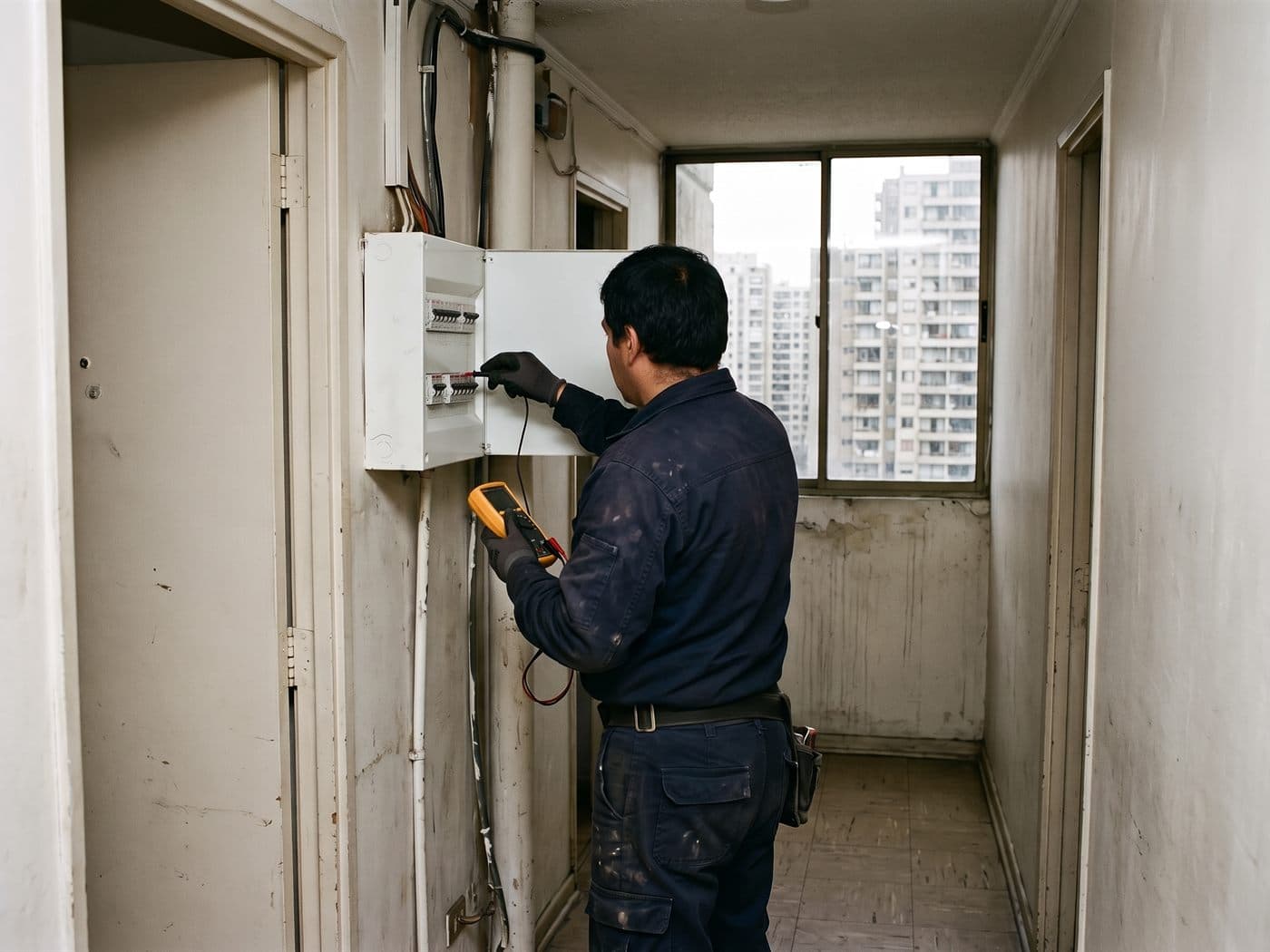 Electricista midiendo con multímetro el tablero de un depto chico en una torre de Estación Central