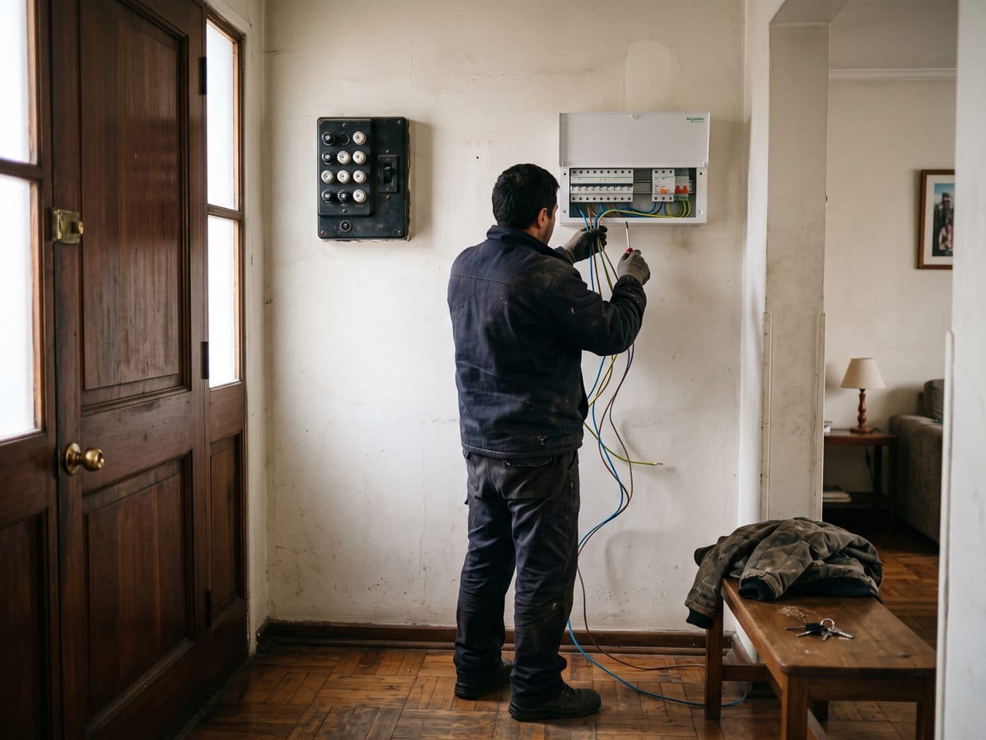 Electricista conectando un tablero nuevo junto al antiguo tablero de fusibles en la entrada de una casa de Macul