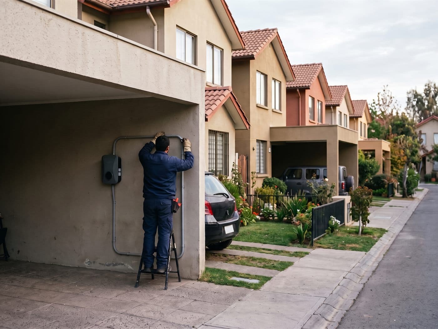 Electricista instalando la canalización de un cargador de auto eléctrico en el estacionamiento de una casa de condominio en Maipú