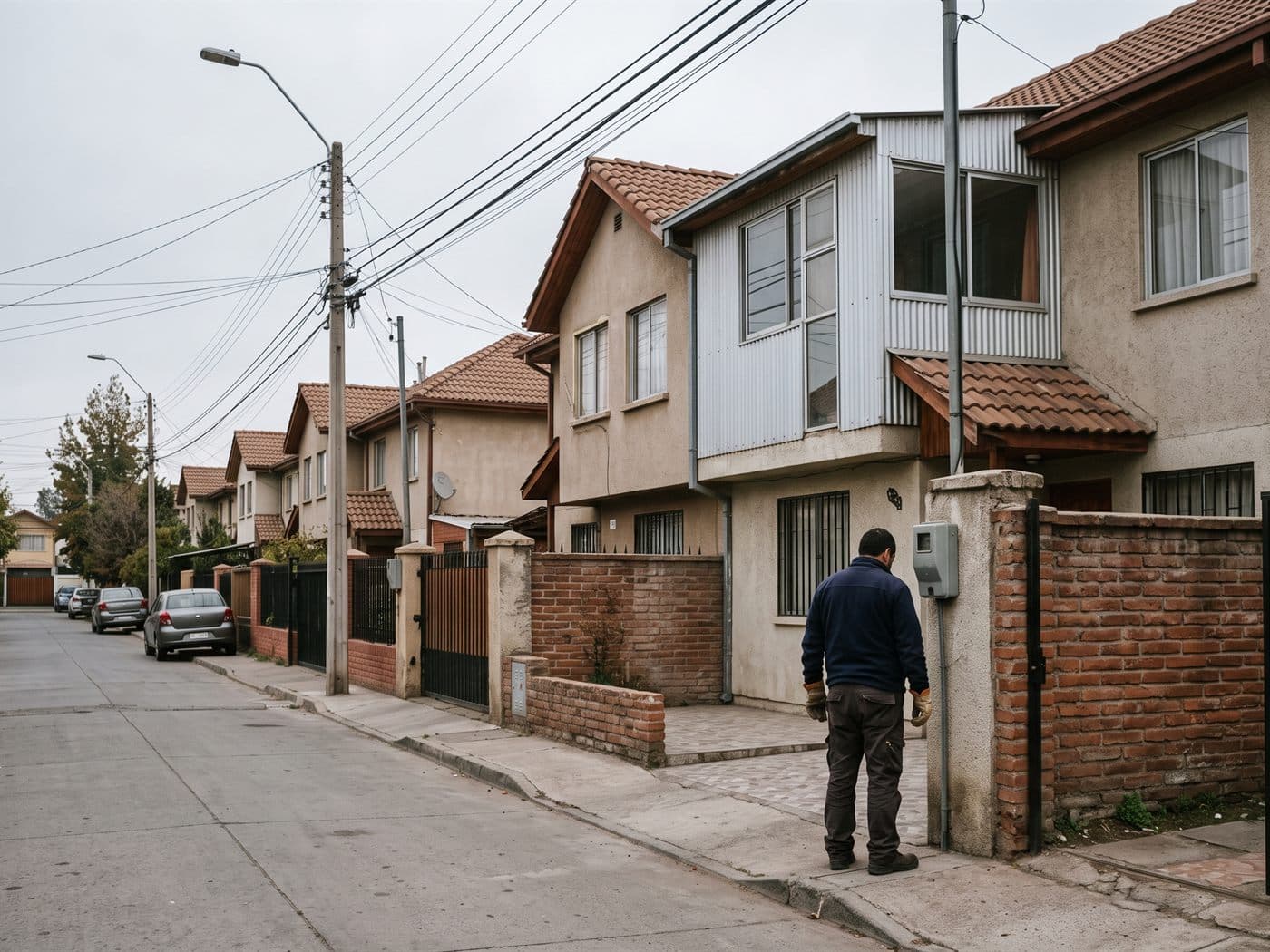 Electricista revisando la caja del medidor de una casa pareada con ampliación en Puente Alto