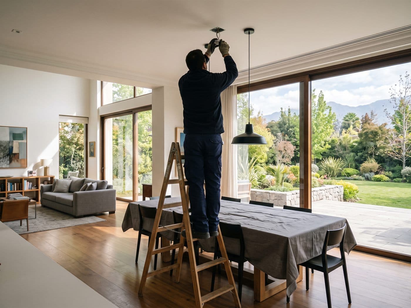 Electricista instalando una lámpara colgante sobre el comedor de una casa en Vitacura