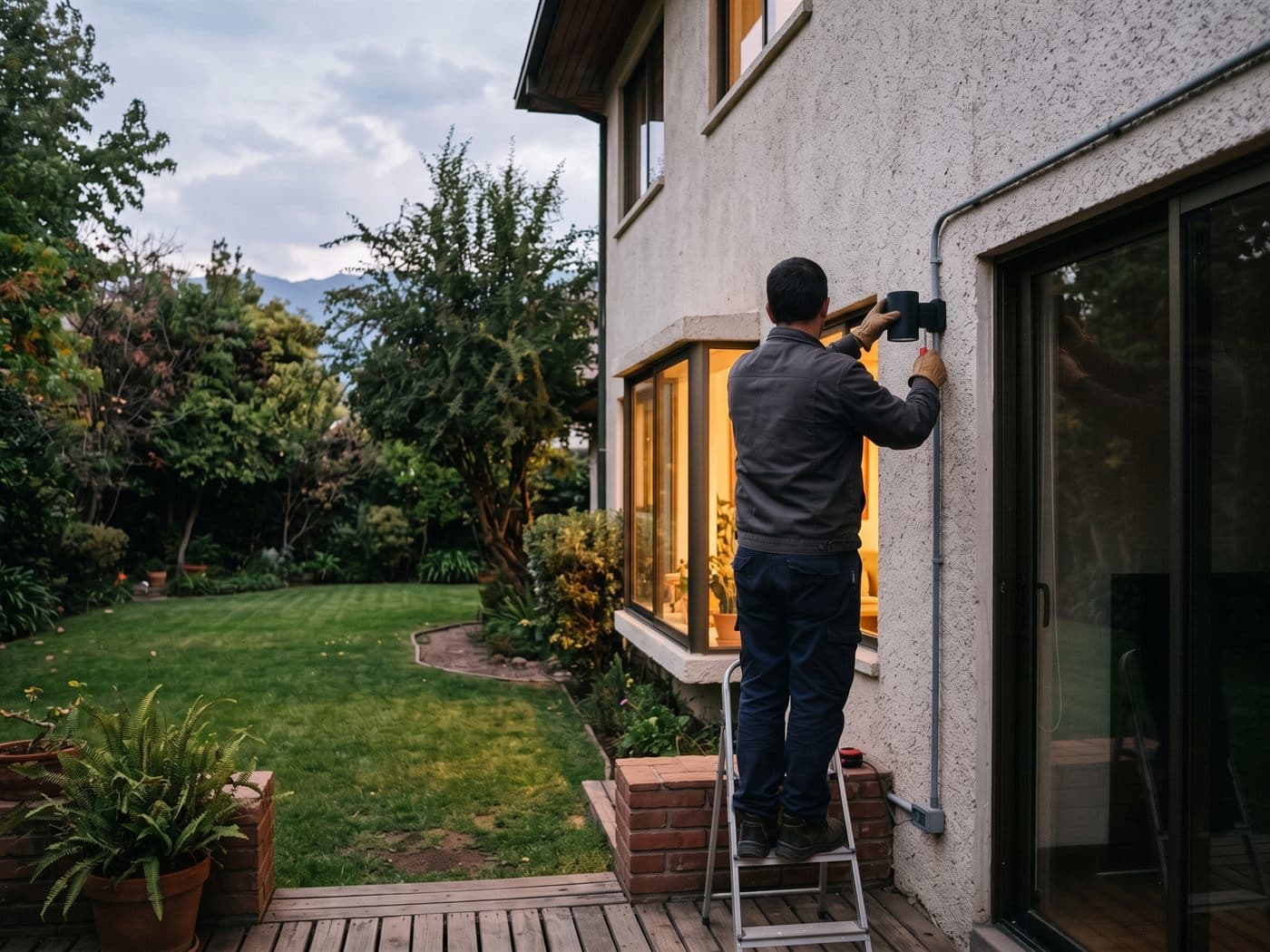 Electricista instalando un foco exterior junto a la terraza de una casa con jardín en La Reina