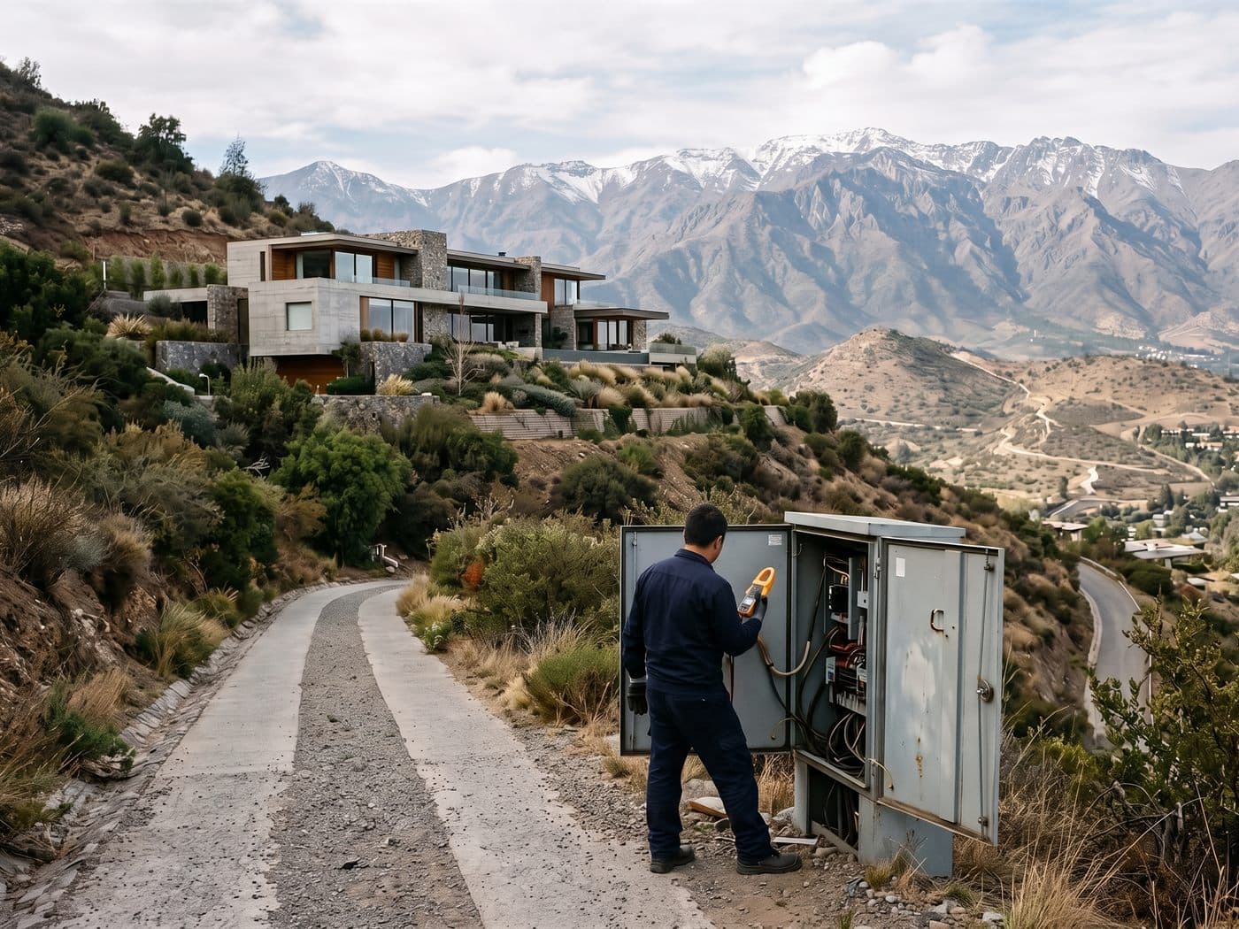 Electricista midiendo con pinza amperimétrica en un gabinete eléctrico exterior junto al camino de una casa en Lo Barnechea