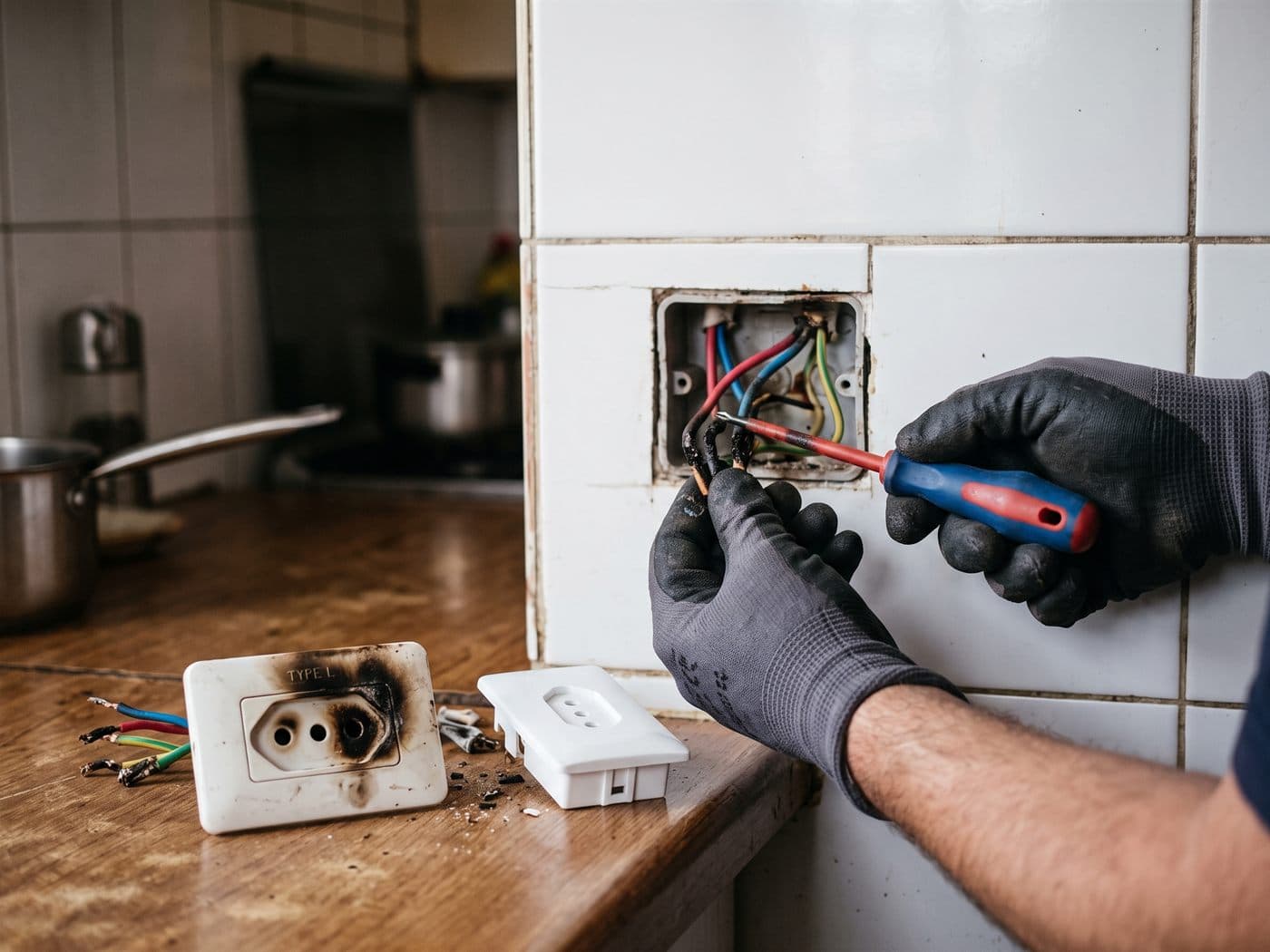 Electricista cambiando un enchufe quemado en la cocina, con el enchufe dañado sobre el mesón