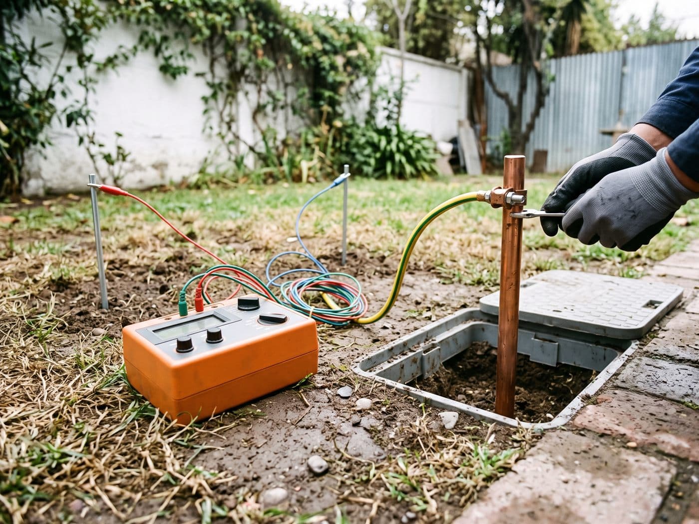 Barra de puesta a tierra en su cámara de inspección, con el telurómetro y sus picas en el patio de una casa