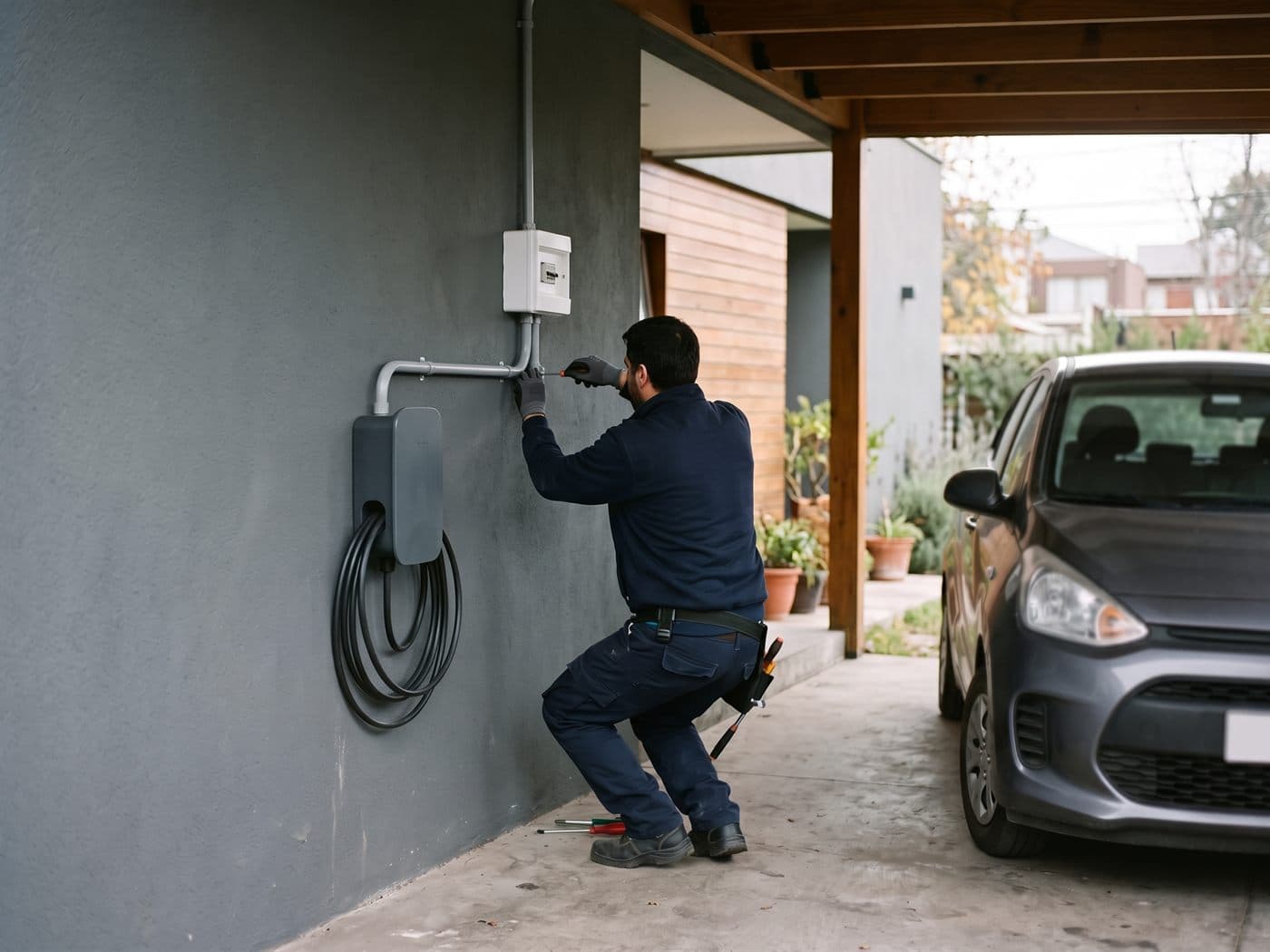 Electricista terminando la canalización de un cargador de auto eléctrico en el estacionamiento techado de una casa