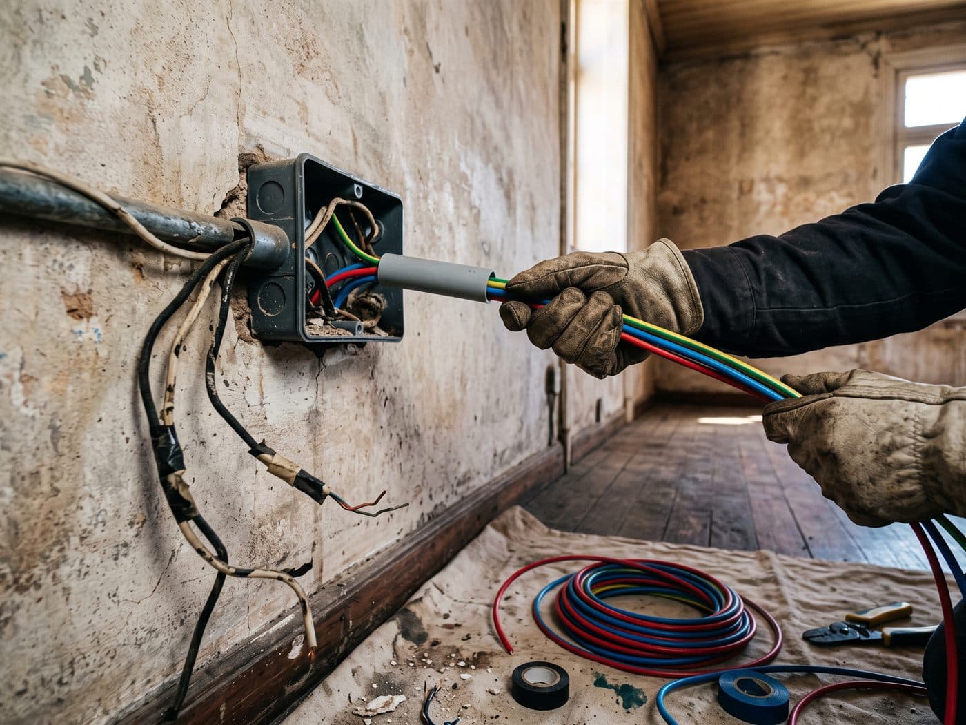 Electricista pasando cables nuevos con conductor de tierra por la canalización de una casa antigua con cables de tela