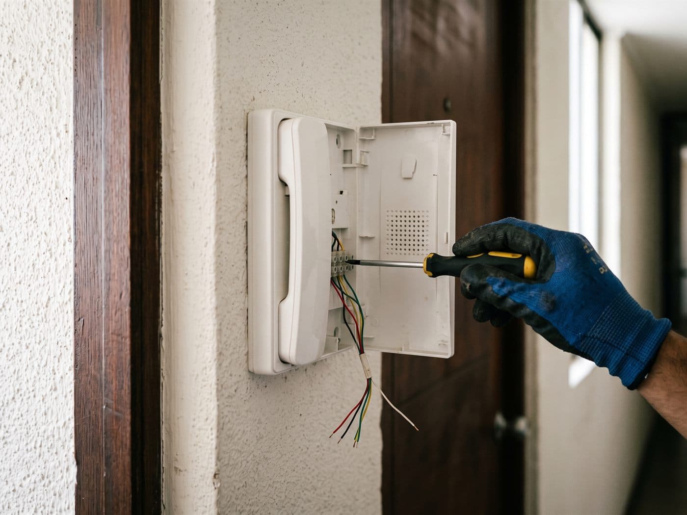 Electricista revisando las conexiones del citófono de un depto junto a la puerta de entrada
